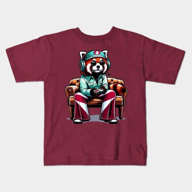 Red Panda gamer - Retro Gaming Bliss Kids T-Shirt by TimeWarpWildlife